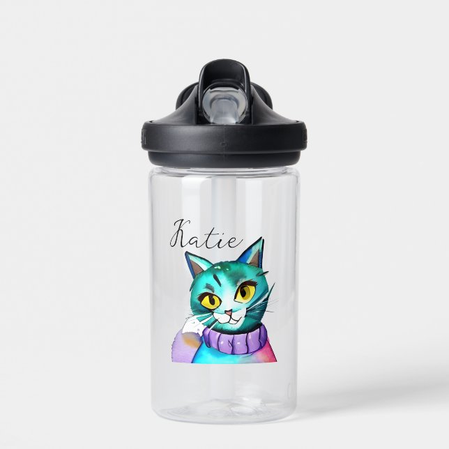 Botella De Agua Gato kitsch azul personalizado personalizado (Delante)