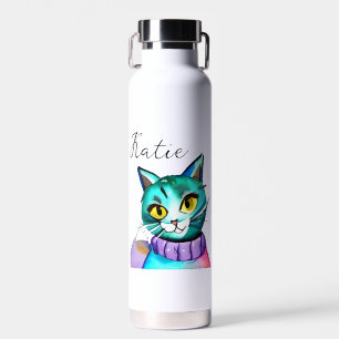 Botella De Agua Gato kitsch azul personalizado personalizado