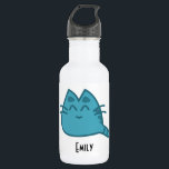 Botella De Agua Gato Kitty Sonriente Azul Personalizado<br><div class="desc">Un lindo dibujo personalizado de un gatito con una sonrisa azul personalizado con tu propio nombre.</div>