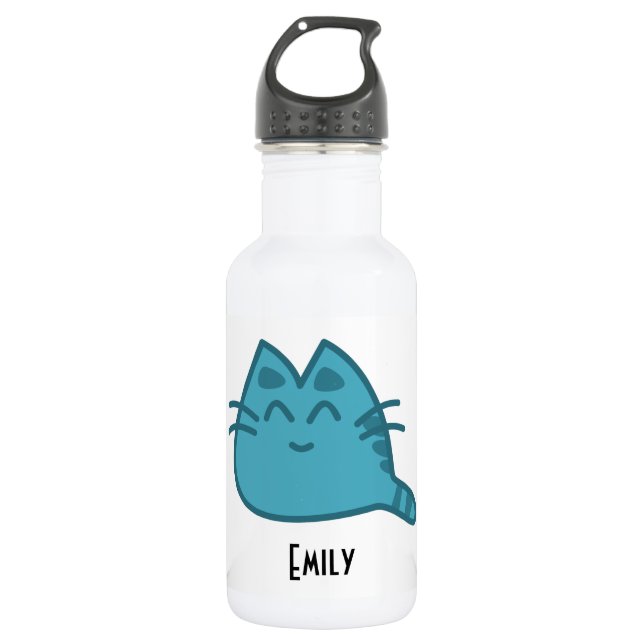 Botella De Agua Gato Kitty Sonriente Azul Personalizado (Anverso)