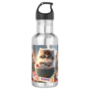 Botella De Agua Gato lindo en una copa Niños de nombre personaliza