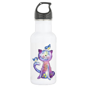 Botella De Agua Gato malva chiflado con pájaros