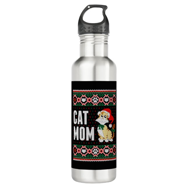 Botella De Agua Gato Mamá Navidades feos suéter (Anverso)