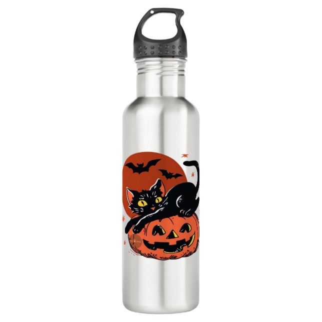 Botella De Agua Gato negro, camiseta clásica de Halloween nostálgi (Anverso)