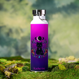 Botella De Agua Gato Negro Celestial Místico Rosa Púrpura