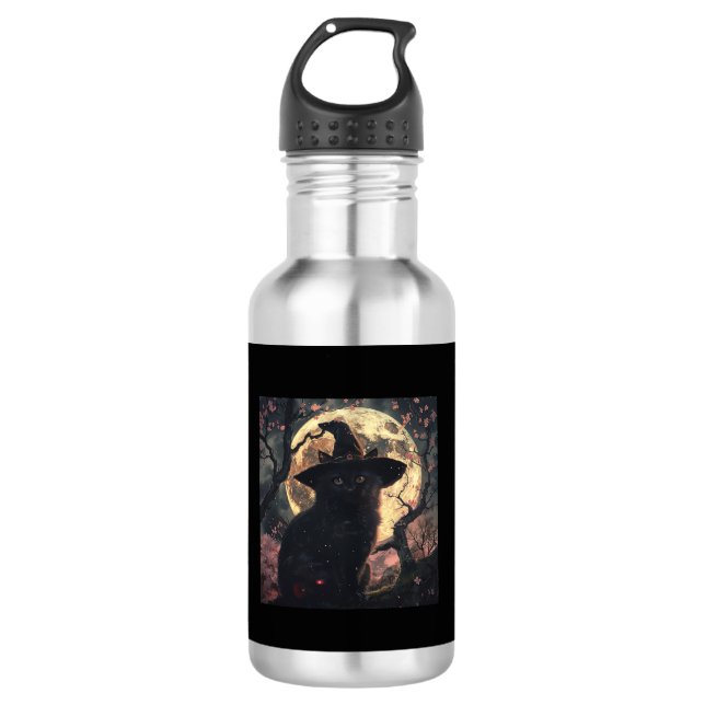 Botella De Agua Gato negro con Gorra brujo Halloween (Anverso)
