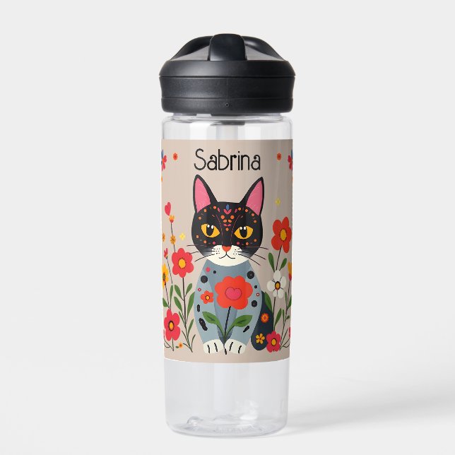 Botella De Agua Gato negro de arte popular y flores personalizadas (Delante)