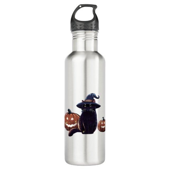 Botella De Agua Gato negro de Halloween camiseta sobredimensionada (Anverso)