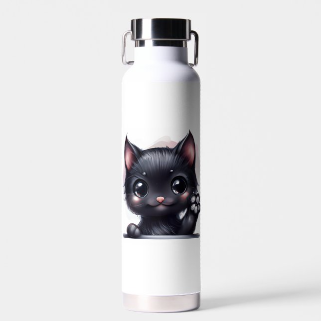 Botella De Agua Gato negro de Kawaii Adorable (Delantero)