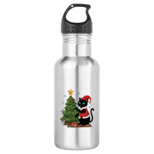 Botella De Agua Gato Negro de Navidad Sombrero de Santa Claus Árbo