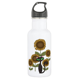 Botella De Agua Gato negro del girasol