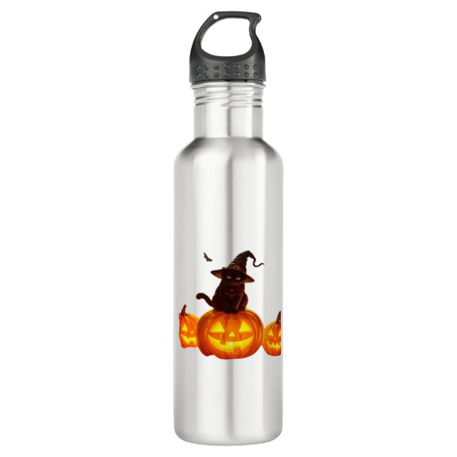 Botella De Agua Gato negro lindo con Gorra de bruja, murciélagos y (Anverso)