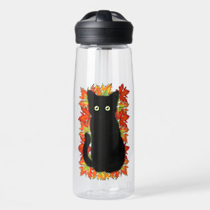 Botella De Agua Gato negro, patrón de hojas de otoño, diversión de