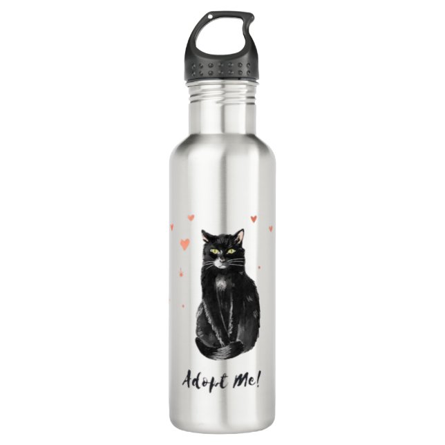 Botella De Agua Gato negro y lindo me adopta (Anverso)