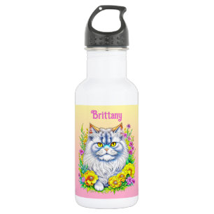 Botella De Agua Gato persa blanco con flores personalizado