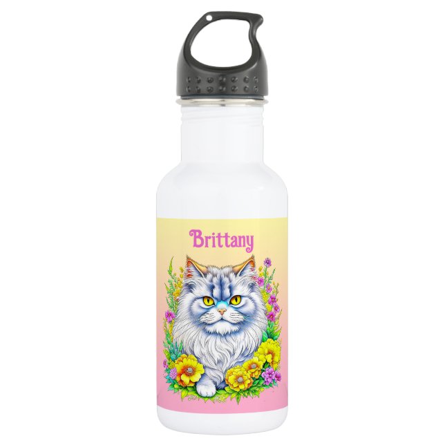 Botella De Agua Gato persa blanco con flores personalizado (Anverso)