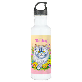 Botella De Agua Gato persa blanco con flores personalizado