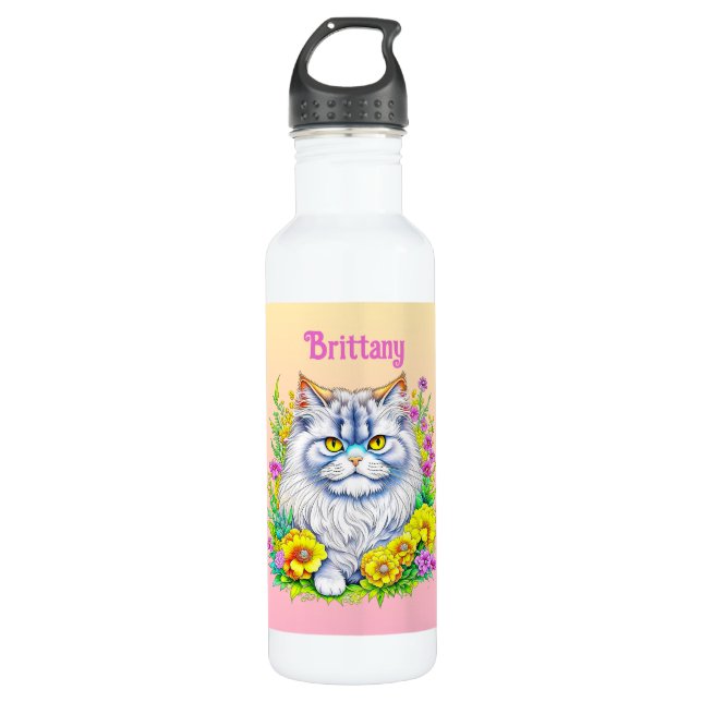 Botella De Agua Gato persa blanco con flores personalizado (Anverso)