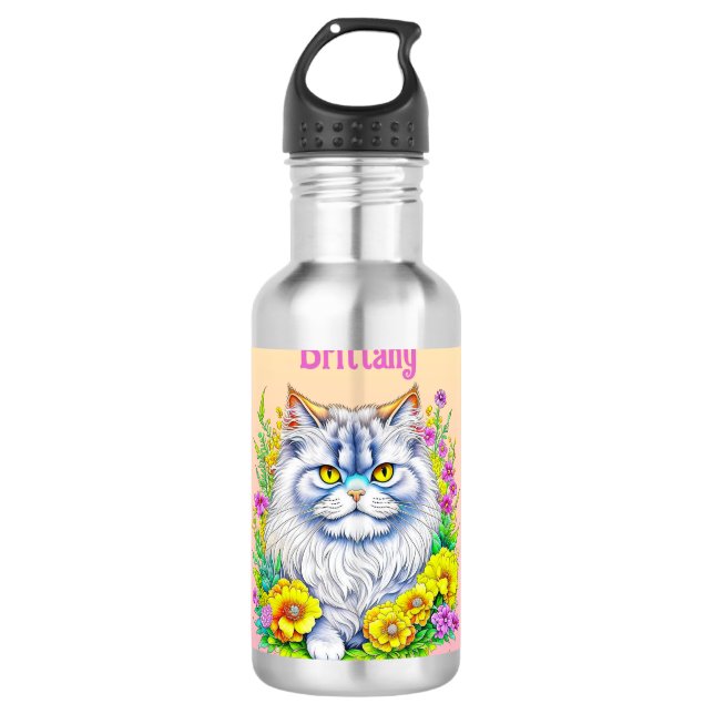 Botella De Agua Gato persa blanco con flores personalizado (Anverso)