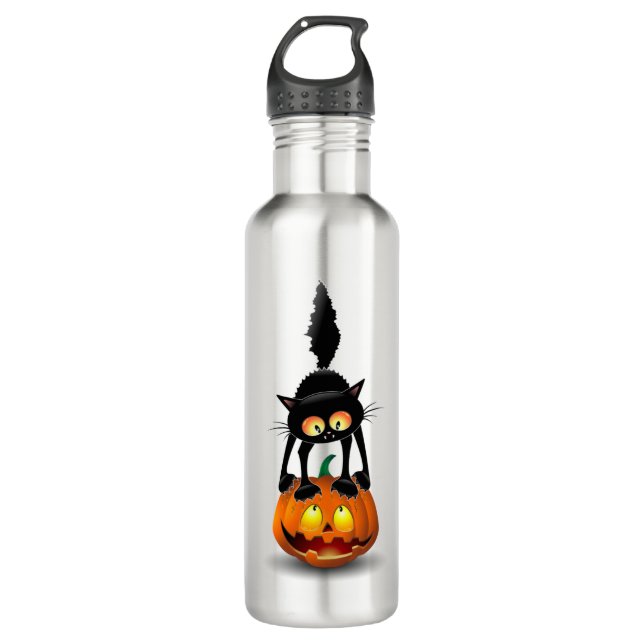 Botella De Agua Gato Personalizado asustado de Halloween en calaba (Anverso)