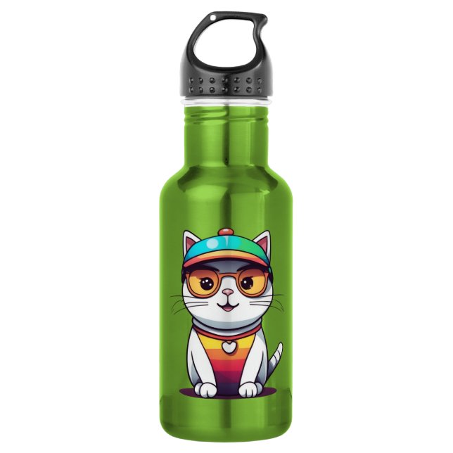 Botella De Agua Gato Sentado Que Lleva Gafas Y Sombrero (Anverso)