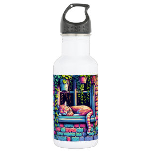 Botella De Agua Gato somnoliento en alféizar Arte de IA