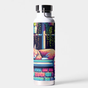Botella De Agua Gato Soñoliento en Alféizar Arte de IA