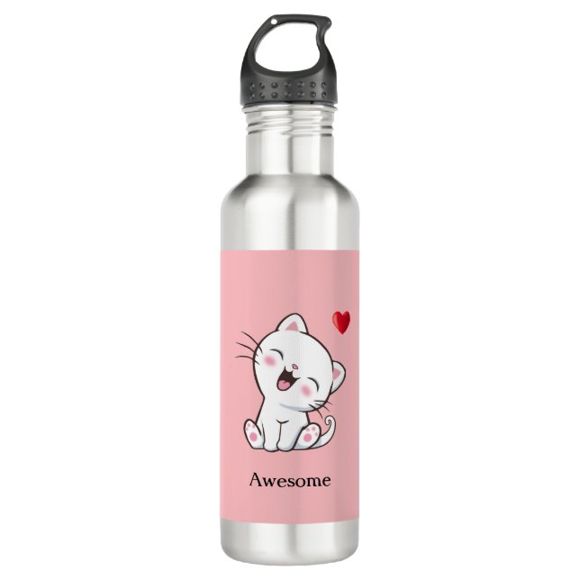 Botella De Agua Gato y corazón gatito en rosa (Anverso)