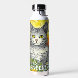 Botella De Agua Gato y flores caprichosas personalizadas
