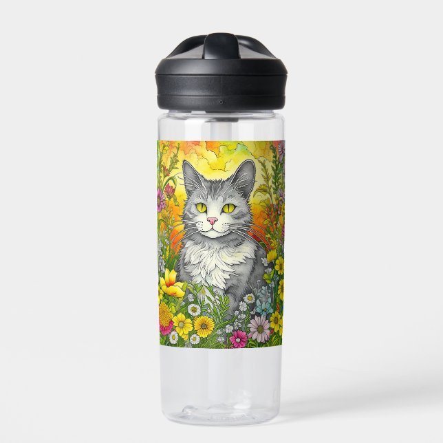 Botella De Agua Gato y flores caprichosas personalizadas (Delante)