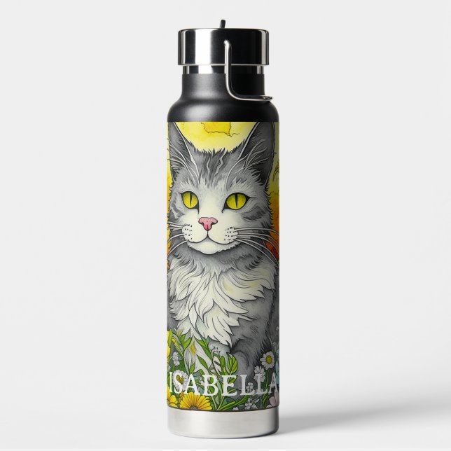 Botella De Agua Gato y flores caprichosas personalizadas (Izquierda)