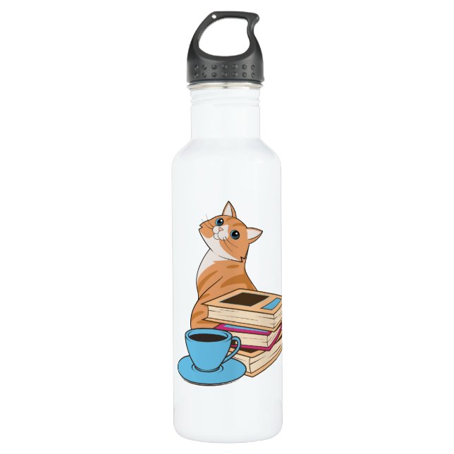 Botella De Agua Gatos, libros y café (Anverso)