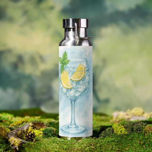 Botella De Agua Gin Tonic de Limón Fresco y Menta – Acuarela (Al aire libre (girado))