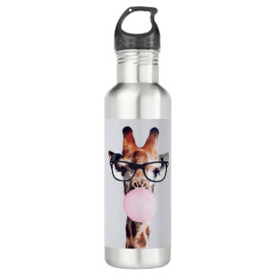 Botella De Agua Giraffe con gafas soplando chicle rosa