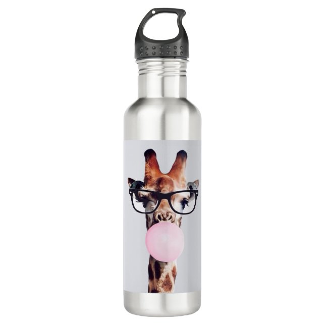 Botella De Agua Giraffe con gafas soplando chicle rosa (Anverso)