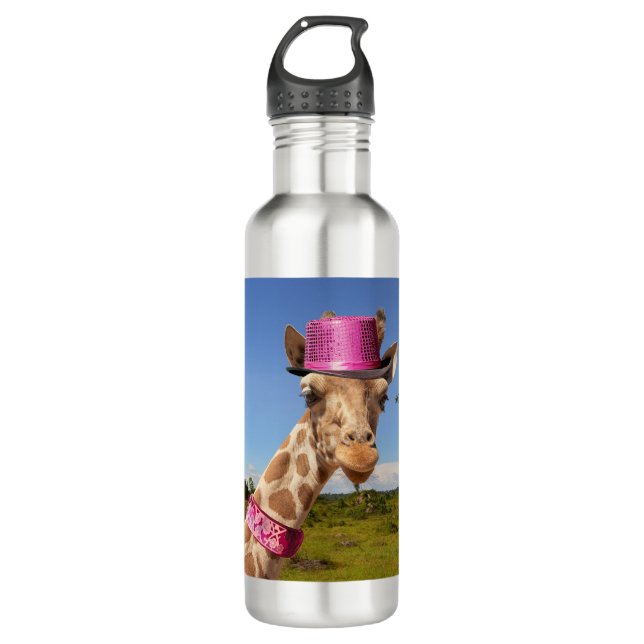 Botella De Agua Giraffe en gorra rosa brillante (Anverso)