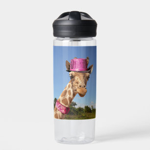 Botella De Agua Giraffe en gorra rosa brillante