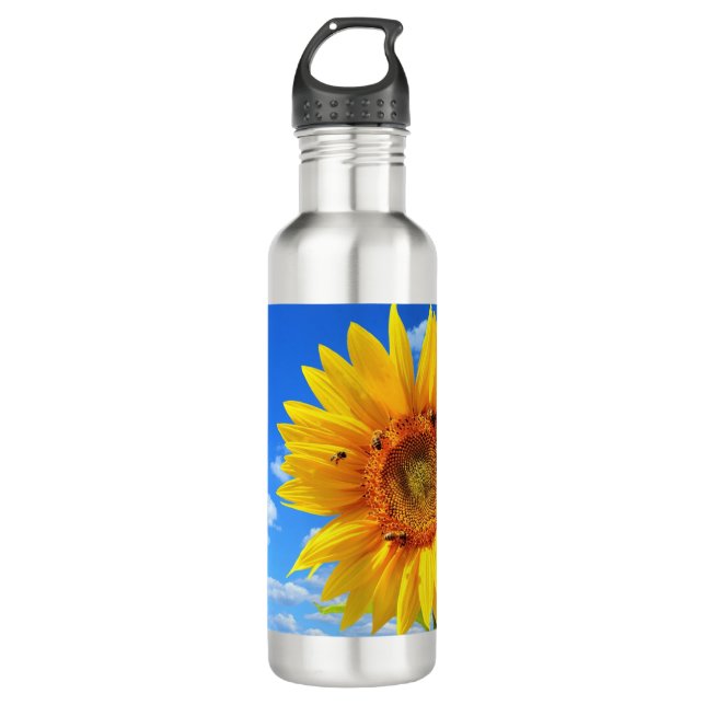 Botella De Agua Girasol amarillo y abejas en el cielo azul - Día d (Anverso)