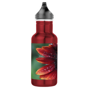 Botella De Agua Girasol rojo con lluvias caen en Petales