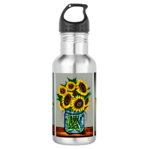 Botella De Agua Girasoles generados por IA en frasco de Mason