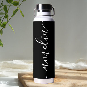Botella De Agua Girly Calligraphy Moderno Black