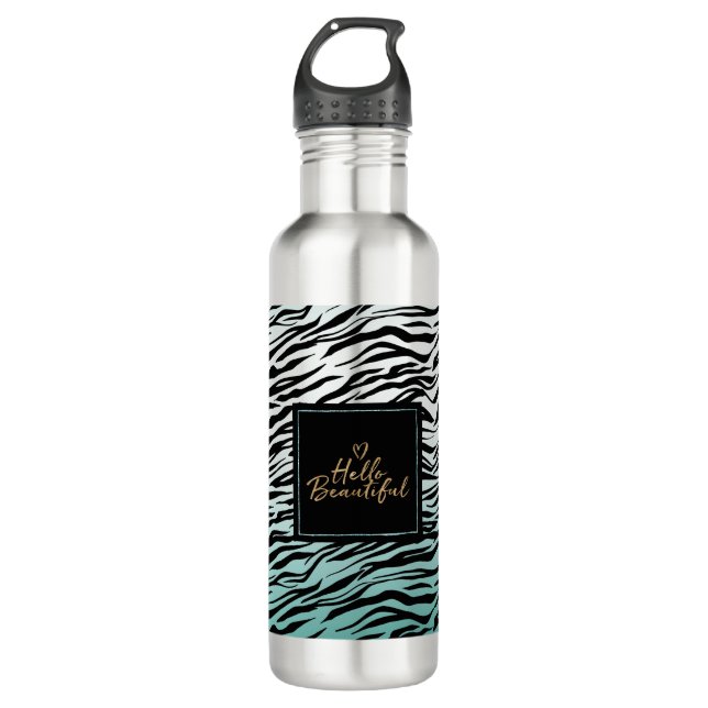 Botella De Agua Girly Mint Black Zebra Print Ombre Hola Hermoso (Anverso)