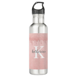 Botella De Agua Girly Rubor purpurina rosado gotea Monograma