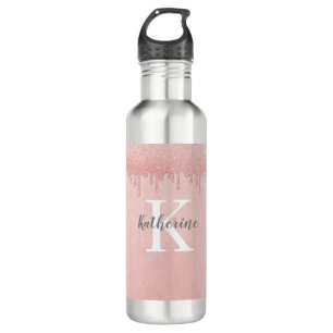 Botella De Agua Girly Rubor purpurina rosado gotea Monograma