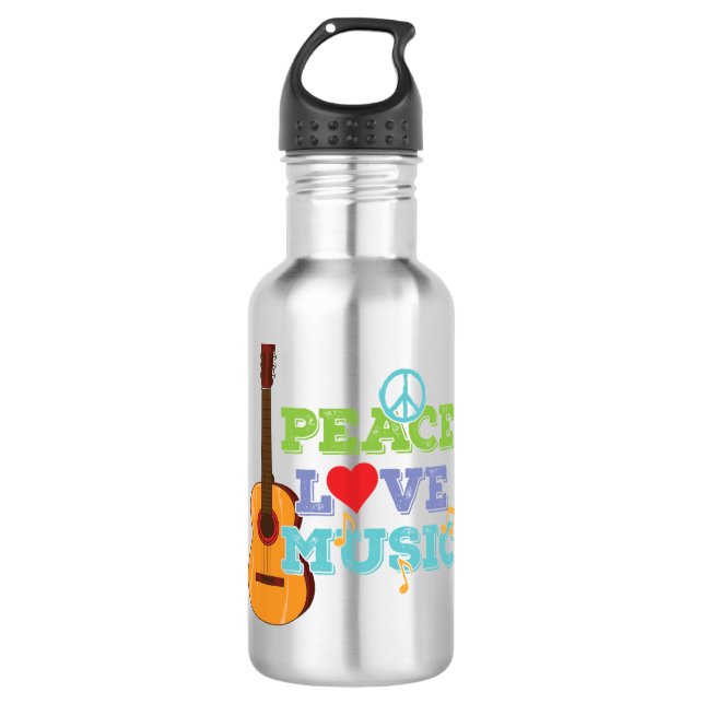 Botella De Agua Gitarre "Peace, Love, Music" (Anverso)