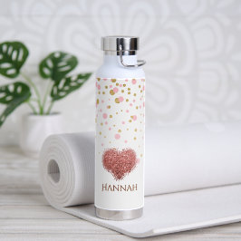 Botella De Agua Glam Girly Rosa Oro Purpurina Rosa Corazón