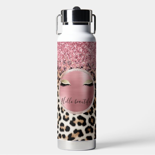 Botella De Agua Glitzy Purpurina Rosa Oro Eyelashes Leopardo (Frente)