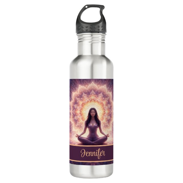 Botella De Agua Glowing Mandala Meditation Woman Custom Name       (Anverso)