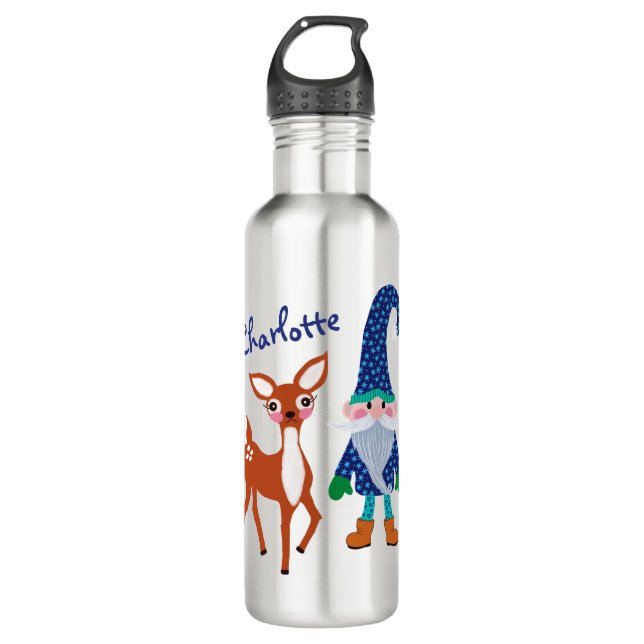 Botella De Agua Gnome de Navidades personalizados de ciervos azule (Anverso)