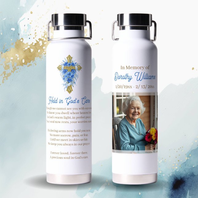 Botella De Agua Golden Cross and Flowers Memorial Keepsake (Subido por el creador)
